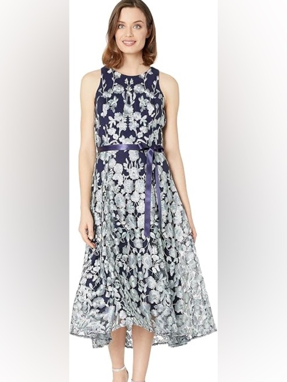 Tahari Navy Blue Floral Lace A-Line Dress with Ribbon Waist 10p